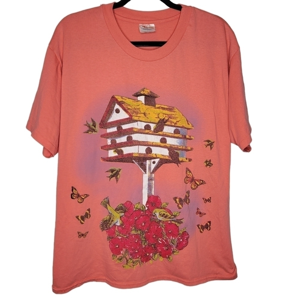 Vintage 90s Birdhouse Floral Butterflies Birds Pretty Granny T-Shirt Size Large